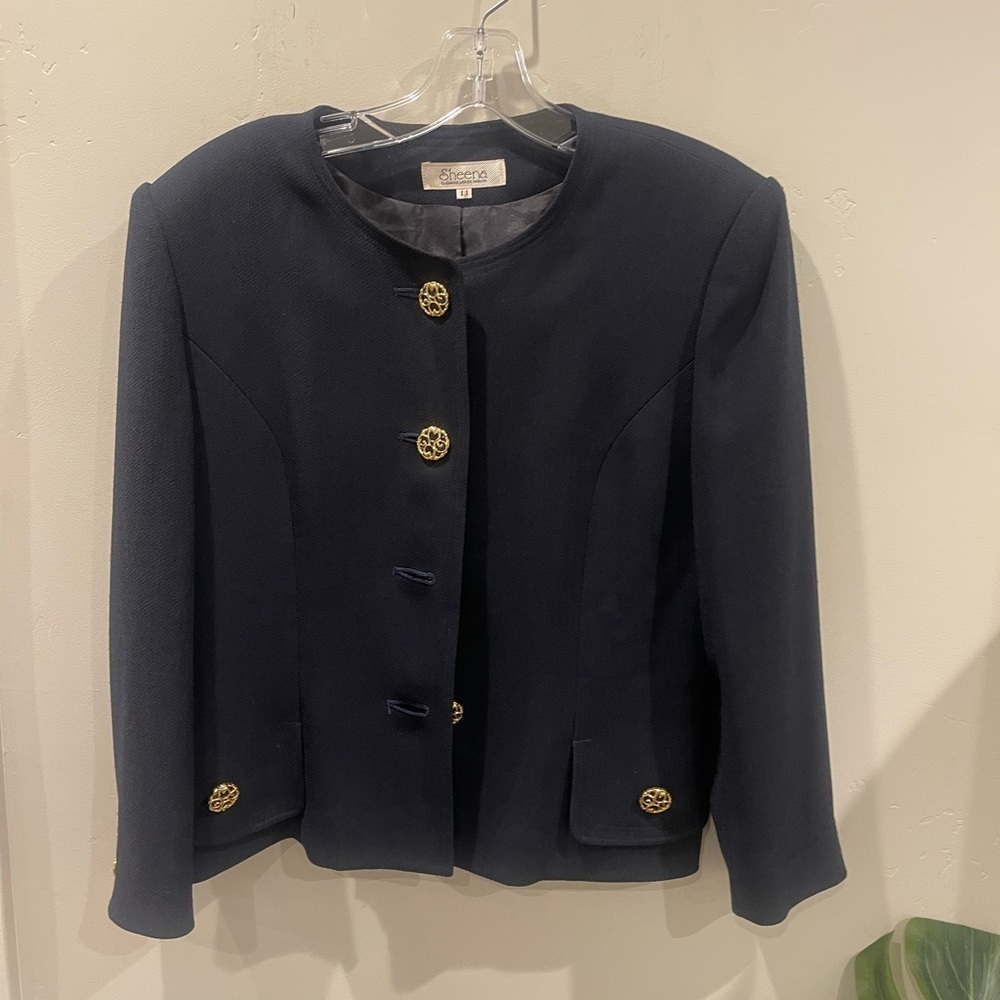 Women's Navy Blazer Size Medium Blue With Gold Buttons Cotton Long Sleeve